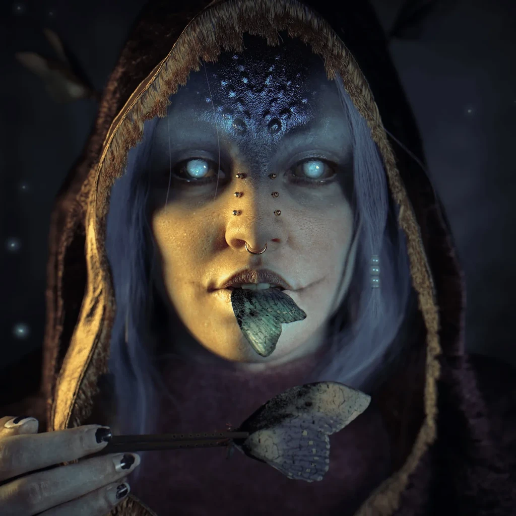 Ein geheimnisvoller CGI-Charakter in dunkler Robe hält einen Schmetterling zwischen den Lippen, ein zweiter wird mit Essstäbchen in der Hand präsentiert.