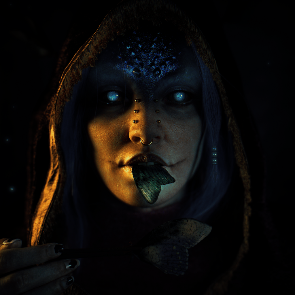 A mysterious CGI character in a dark robe holds a butterfly in her mouth, while presenting another with a pair of chopsticks.
