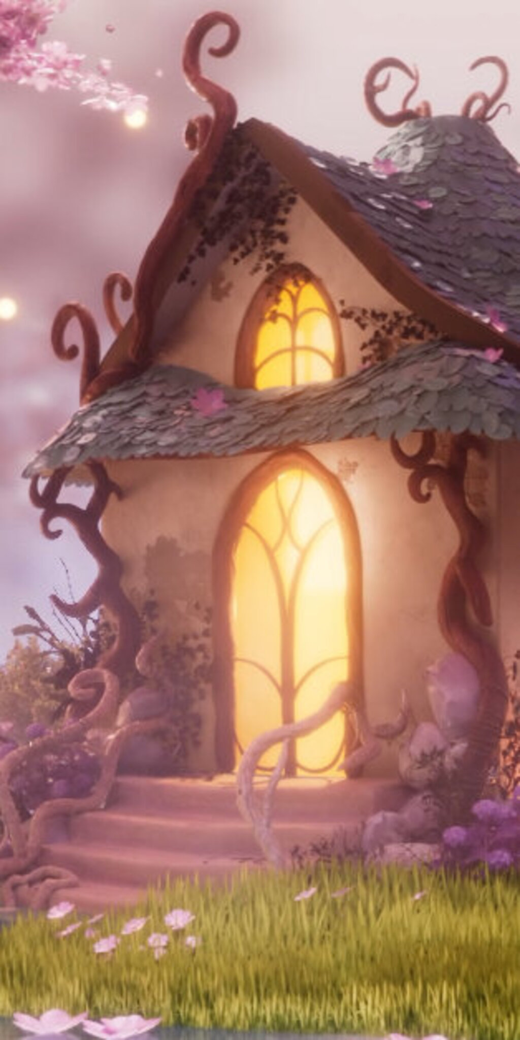 A 3D modeled whimsical house with a curved roof and glowing windows, surrounded by blooming cherry trees in a dreamlike setting.