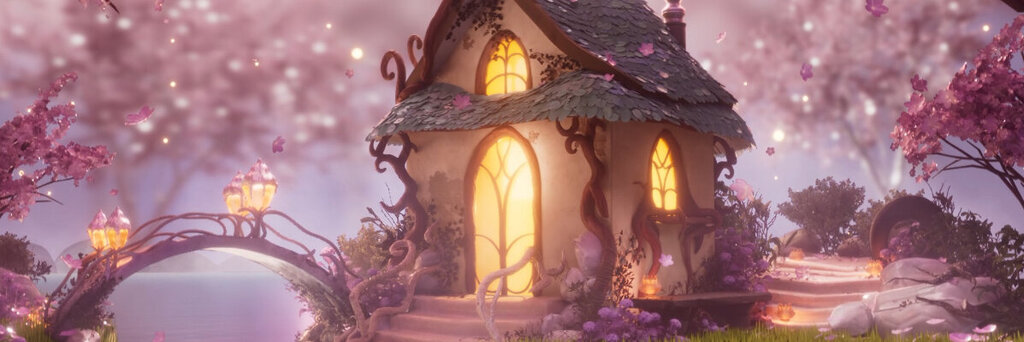 A whimsical 3D cottage with curved windows surrounded by blooming cherry trees, set in a softly glowing springtime environment.