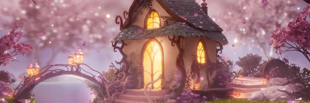 Ein fantasievolles 3D-Häuschen mit geschwungenen Fenstern und blühenden Kirschbäumen, eingebettet in eine magisch beleuchtete Frühlingslandschaft.