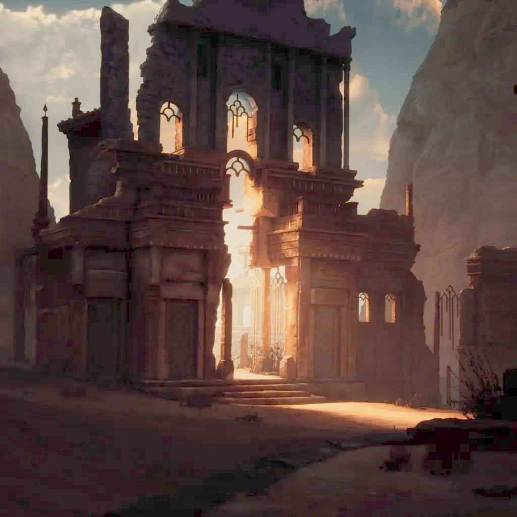 Visual Effects Szene mit antiken Ruinen in einer felsigen Wüstenlandschaft bei Sonnenuntergang.