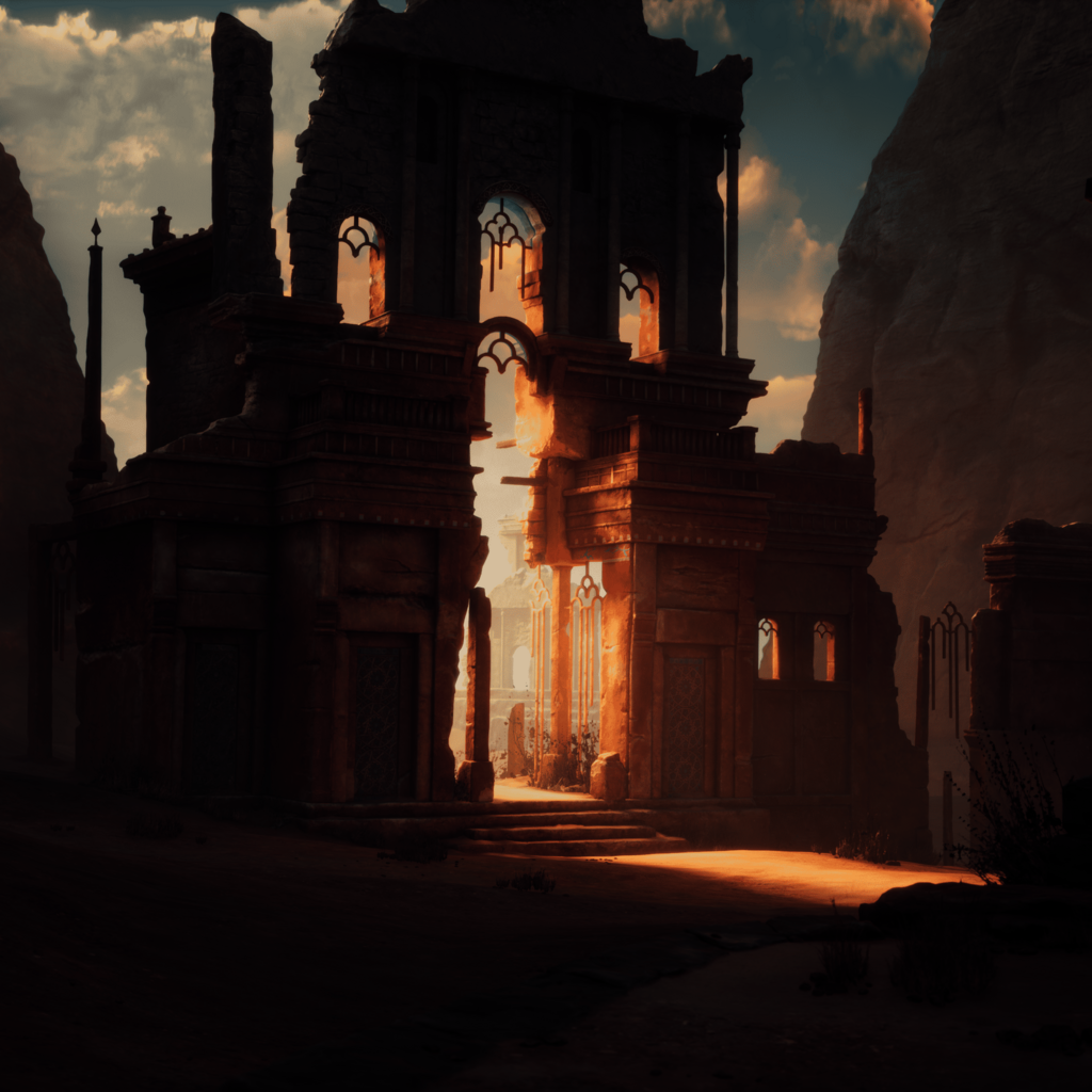 3D-rendered ancient ruins set in a rocky desert landscape at sunset. CGI environment for visual effects.