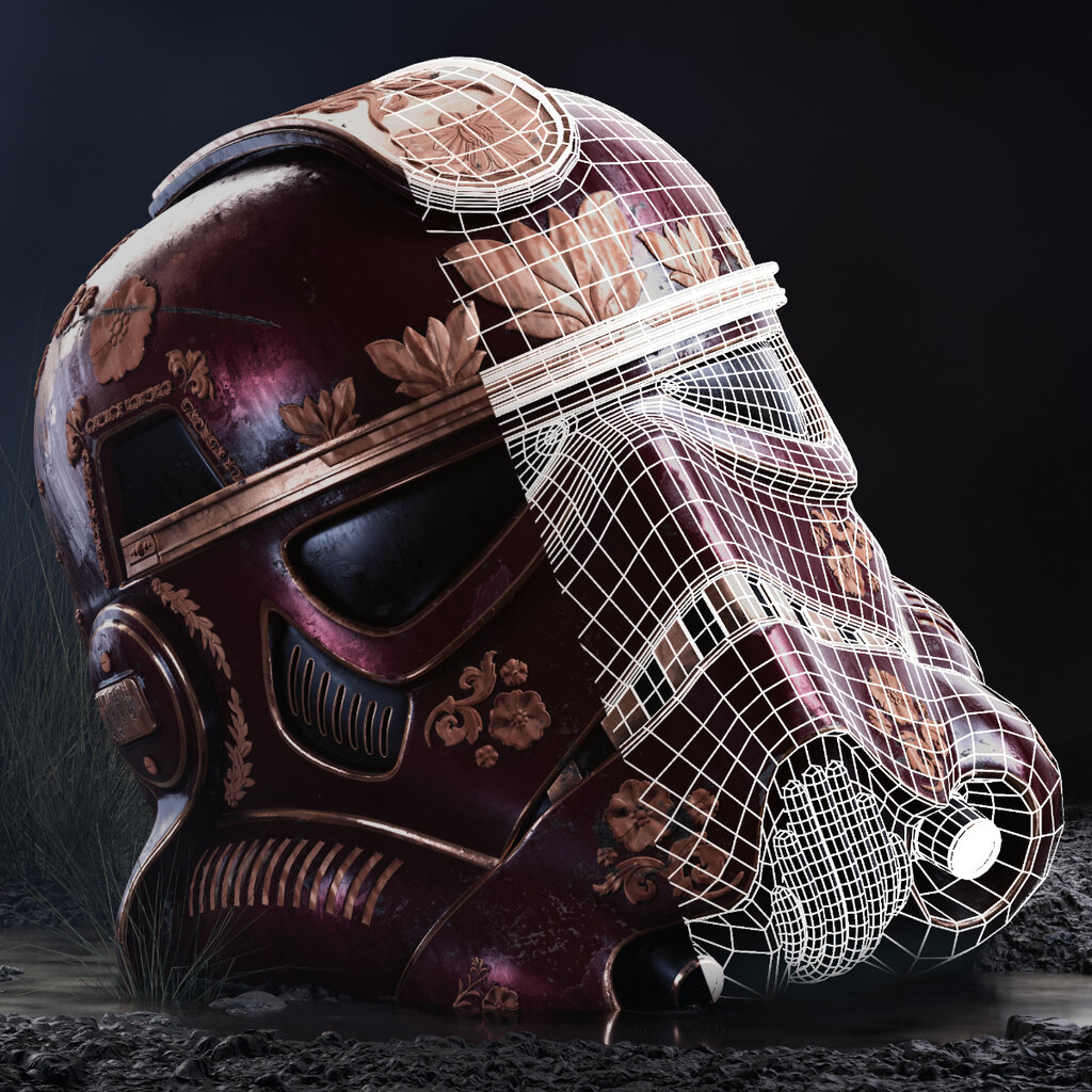 A 3D rendering of an artistically decorated Stormtrooper helmet lies in the mud, with one side showing the fully textured model and the other displaying the underlying wireframe