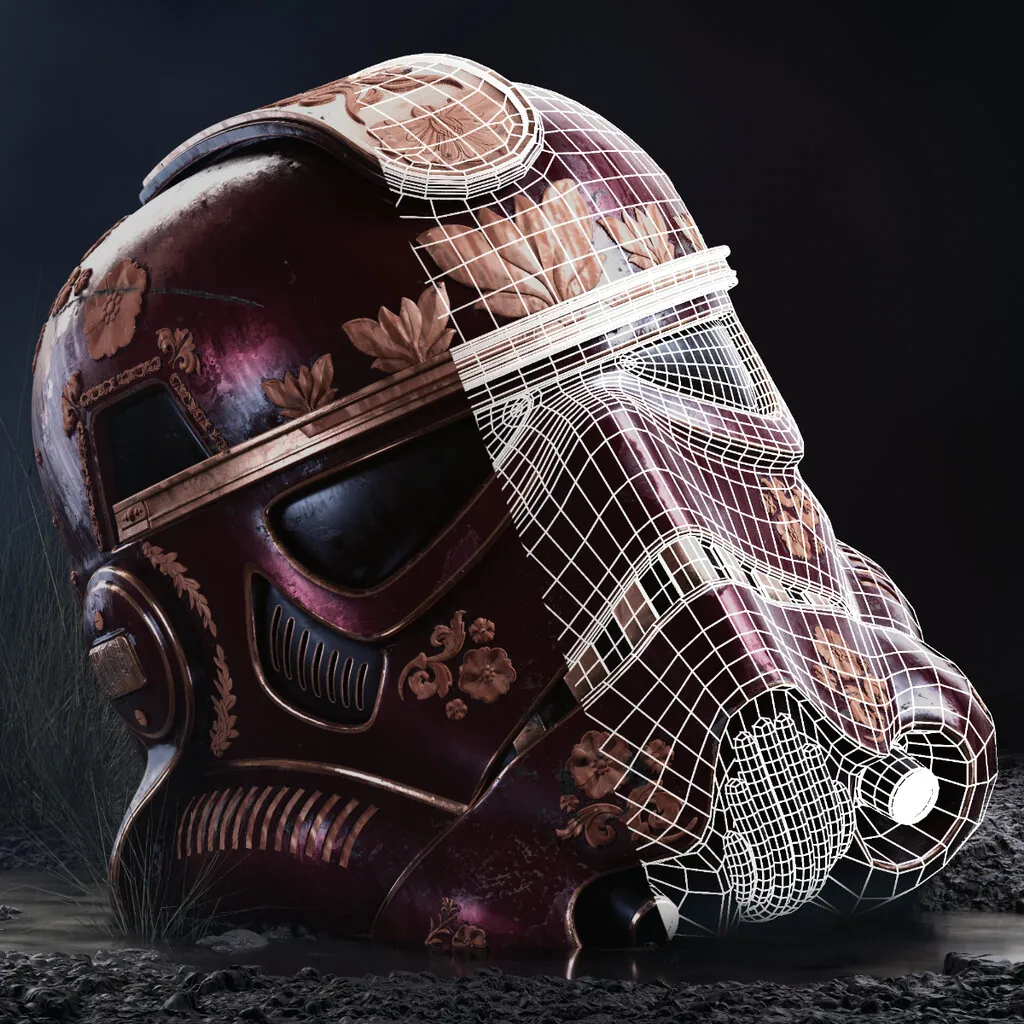 Ein 3D Rendering von einem kunstvoll verzierter Stormtrooper-Helm liegt im Matsch, wobei eine Hälfte das finale texturierte Modell zeigt und die andere Hälfte das zugrundeliegende Wireframe.