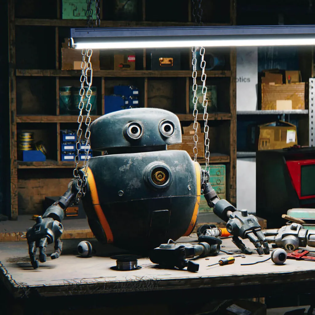 3D-Rendering eines kleinen Roboters auf einer Werkbank in einer Werkstatt.