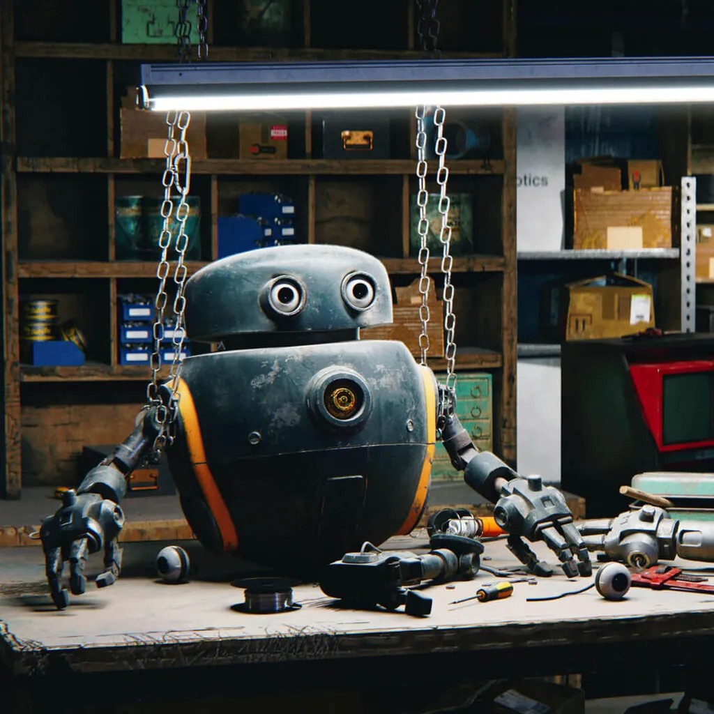 3D rendering of a small robot on a workbench in a workshop.