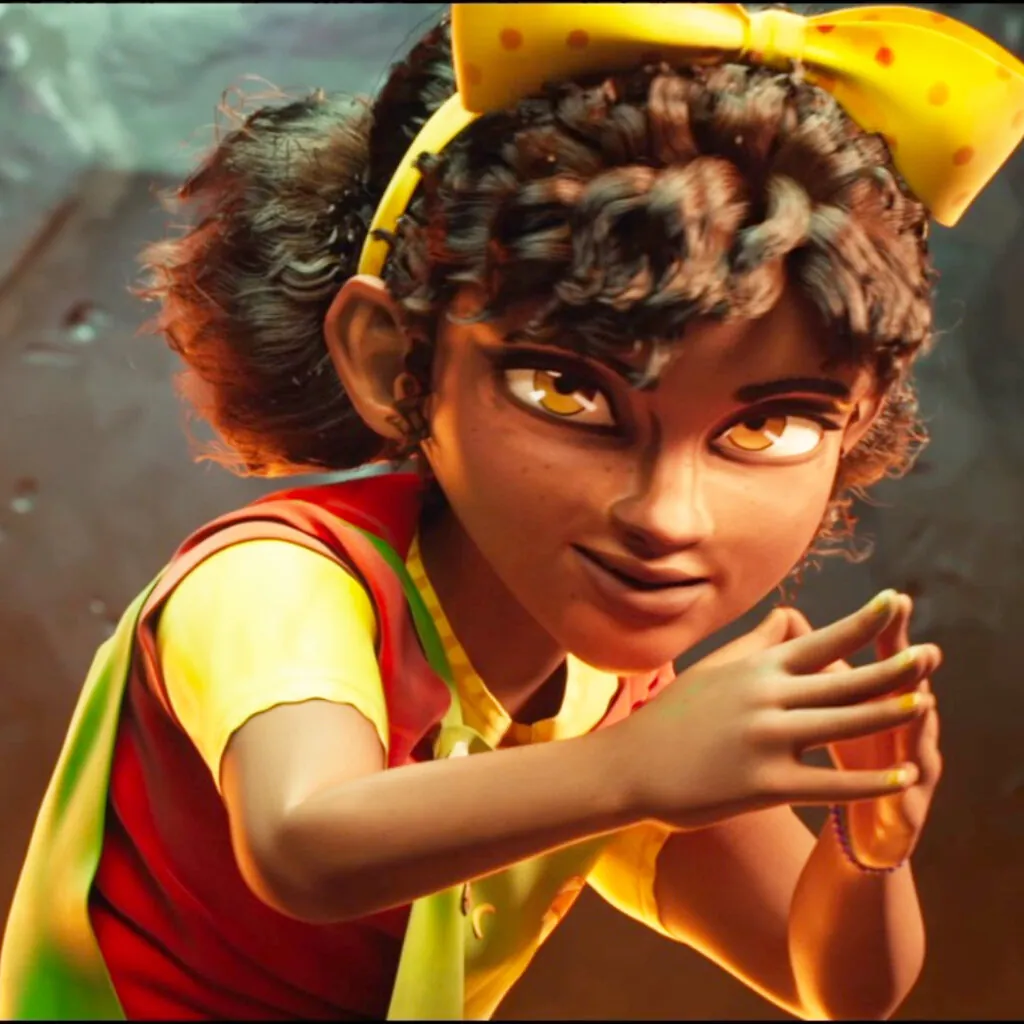 Close-up of a stylized 3D character of a girl with a yellow bow in her hair.