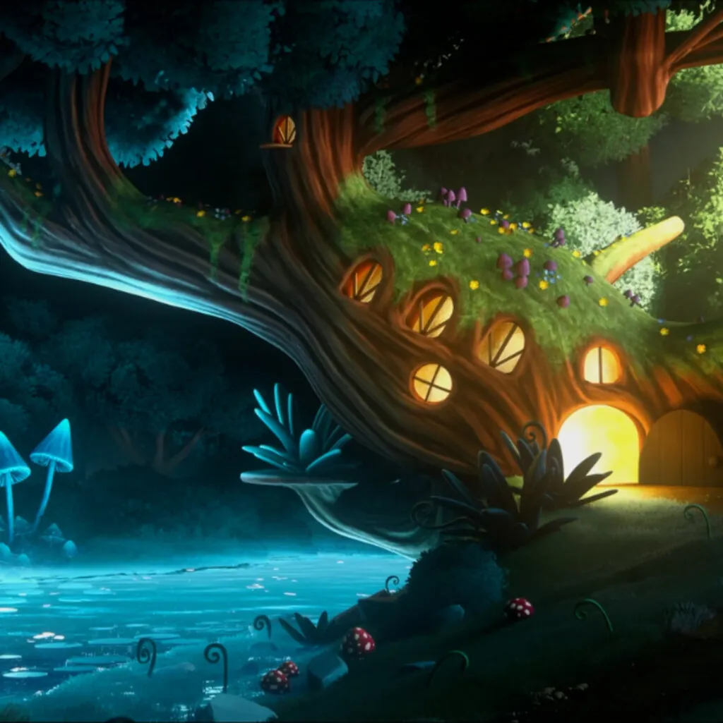 Stylized 3D environment: a glowing treehouse above turquoise water.