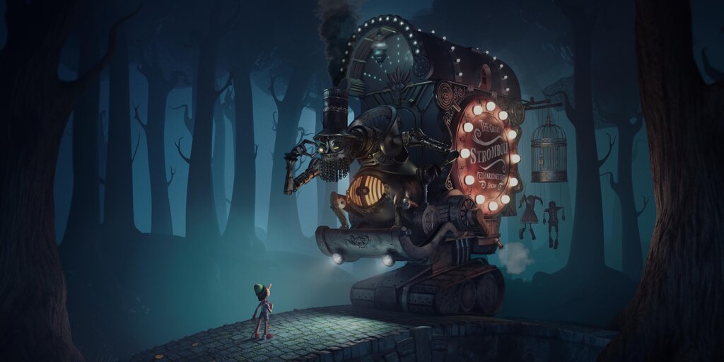 3D animated scene showing Pinocchio encountering a mechanical showman cart in a dark, mysterious forest.