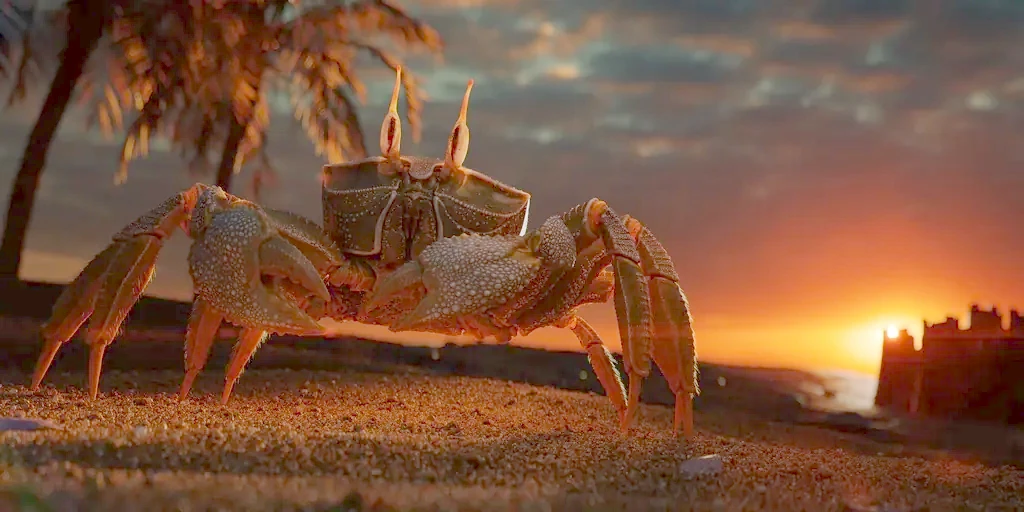 Eine realistisch modellierte Krabbe steht im Sand vor einem Sonnenuntergang, mit Palmen im Hintergrund und einem Sandburg-Silhouette am Horizont.