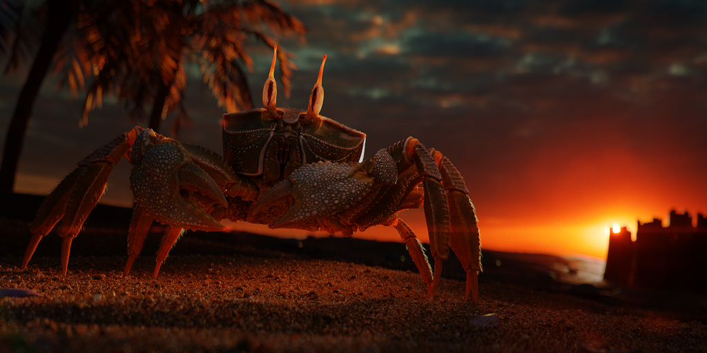 A photorealistic 3D crab stands on sandy ground at sunset, with palm trees and a sandcastle visible in the background.