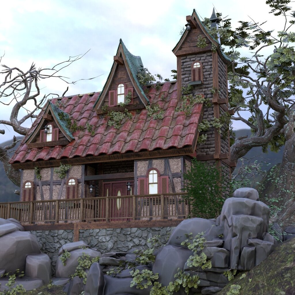 Ein märchenhaftes Steinhaus mit rotem Ziegeldach und mehreren Giebeln steht auf einem mit Felsen bedeckten Hügel. Die Fassade kombiniert grobes Mauerwerk mit Fachwerkelementen und roten Fensterläden. Kletterpflanzen umranken die Wände und zwei knorrige Bäume mit spärlichem Laub ragen seitlich empor. Im Hintergrund sind grüne Hügel unter einem bewölkten Himmel zu sehen.