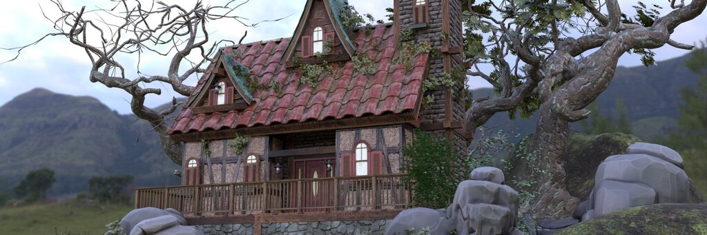 Ein märchenhaftes Steinhaus mit rotem Ziegeldach und mehreren Giebeln steht auf einem mit Felsen bedeckten Hügel. Die Fassade kombiniert grobes Mauerwerk mit Fachwerkelementen und roten Fensterläden. Kletterpflanzen umranken die Wände und zwei knorrige Bäume mit spärlichem Laub ragen seitlich empor. Im Hintergrund sind grüne Hügel unter einem bewölkten Himmel zu sehen.