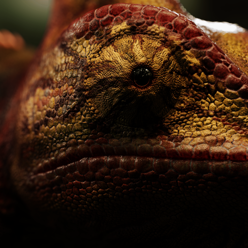 Hyper-realistic 3D close-up of a chameleon featuring detailed skin texture
