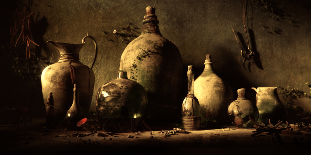 High-realism 3D still life of old bottles, jars, and pitchers in a dusty, plant-covered setting.