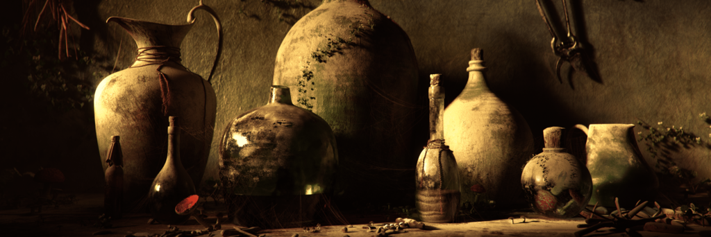 High-realism 3D still life of old bottles, jars, and pitchers in a dusty, plant-covered setting.