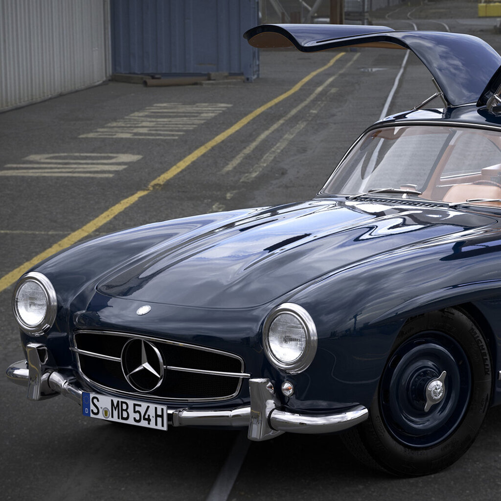Photorealistic 3D render of a Mercedes-Benz 300 SL with open gullwing doors.