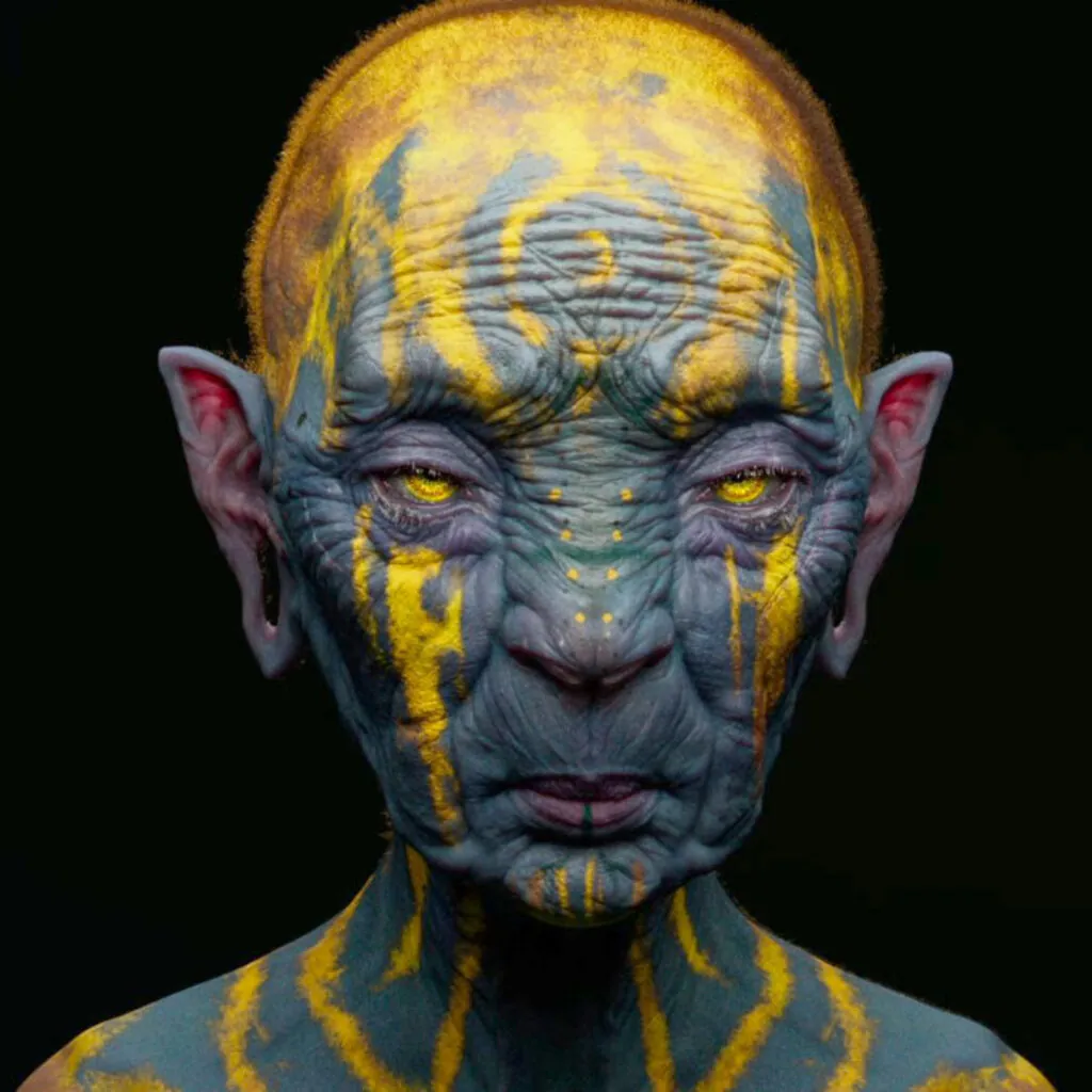 3D-Porträt eines gealterten Fantasiewesens mit blaugrauer Haut, gelben Augen und leuchtend gelber Körperbemalung.