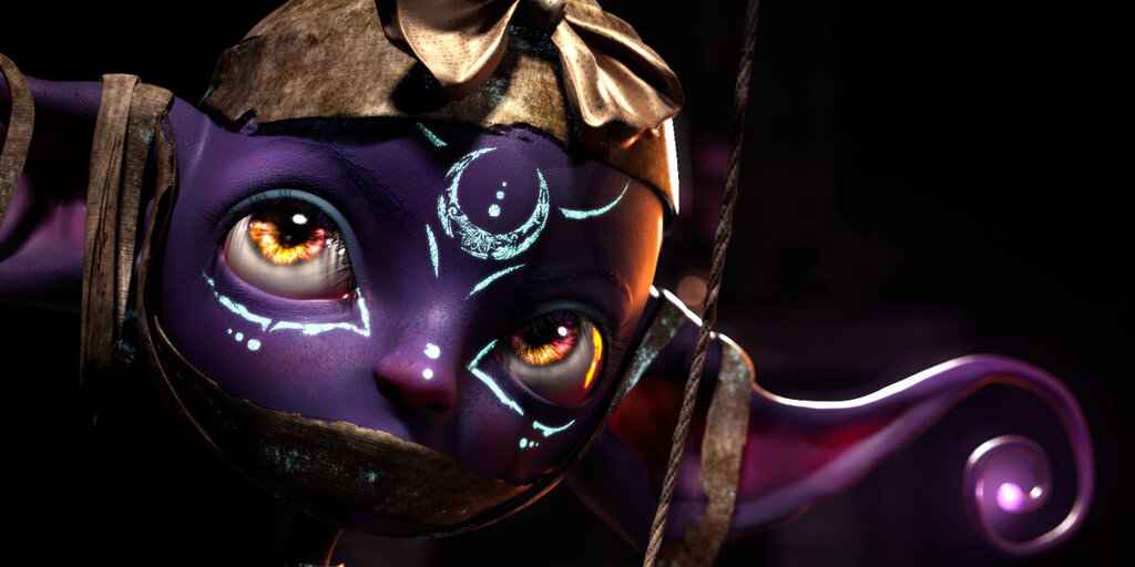 Fantasy-style close-up of a purple CGI character with glowing eyes and illuminated moon symbols.