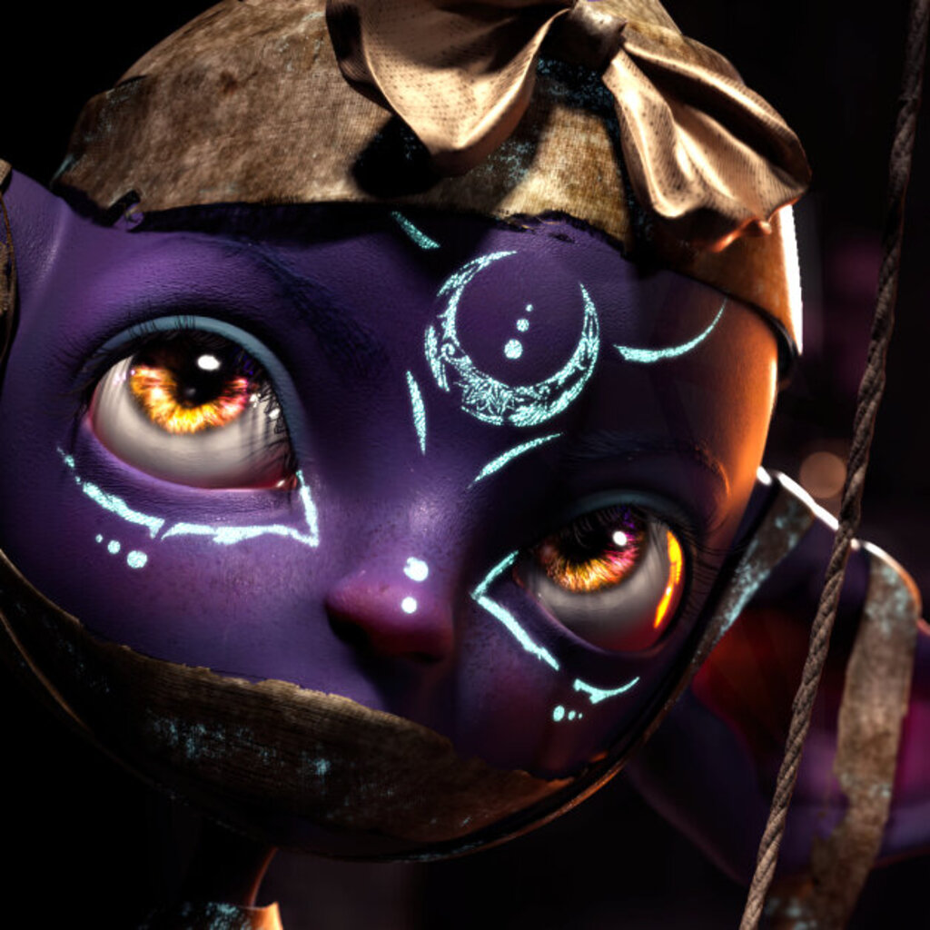 Fantasy-style close-up of a purple CGI character with glowing eyes and illuminated moon symbols.