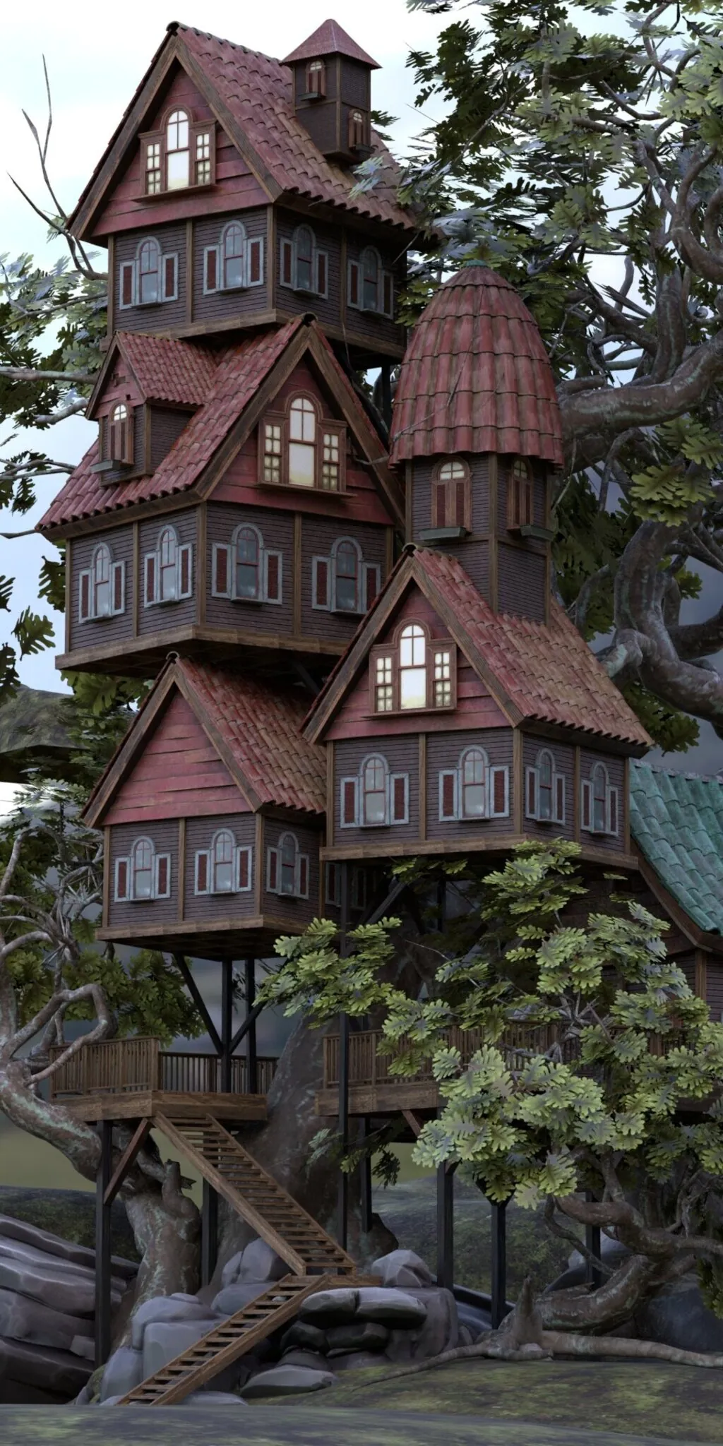 A whimsical multi-level treehouse with numerous pointed gables, red tiled roofs, and arched windows is intricately built into an enormous ancient tree. The house is composed of several interconnected structures, some supported by stilts. Dense foliage surrounds the construction, with green rolling hills and a cloudy sky in the background.