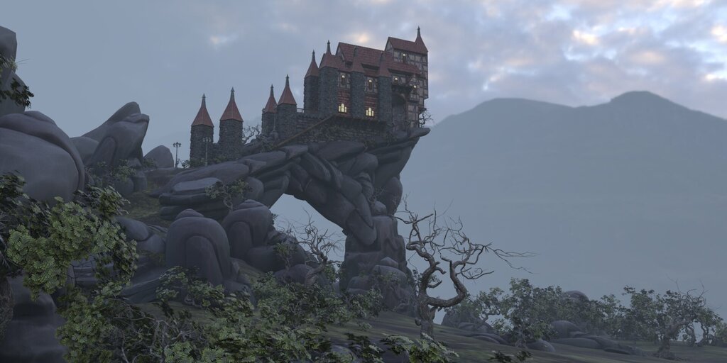 Burgartige Fantasiearchitektur mit spitzen Türmen auf einer dramatisch geformten Felsbrücke, eingebettet in eine düstere, neblige Gebirgslandschaft mit kahlen Bäumen und moosigem Boden.