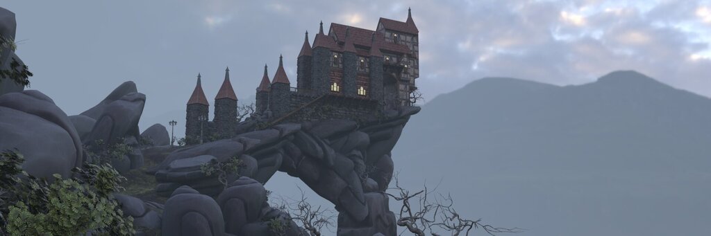 Burgartige Fantasiearchitektur mit spitzen Türmen auf einer dramatisch geformten Felsbrücke, eingebettet in eine düstere, neblige Gebirgslandschaft mit kahlen Bäumen und moosigem Boden.
