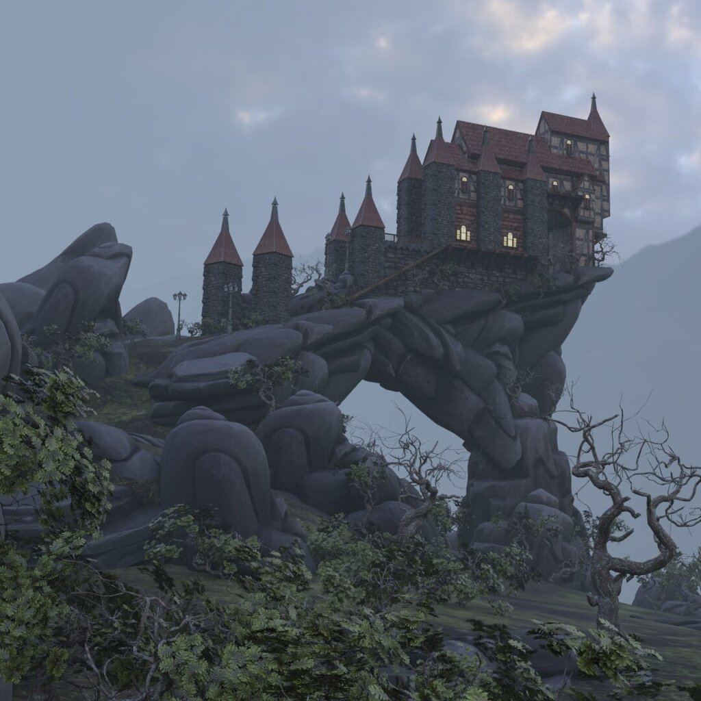 Burgartige Fantasiearchitektur mit spitzen Türmen auf einer dramatisch geformten Felsbrücke, eingebettet in eine düstere, neblige Gebirgslandschaft mit kahlen Bäumen und moosigem Boden.
