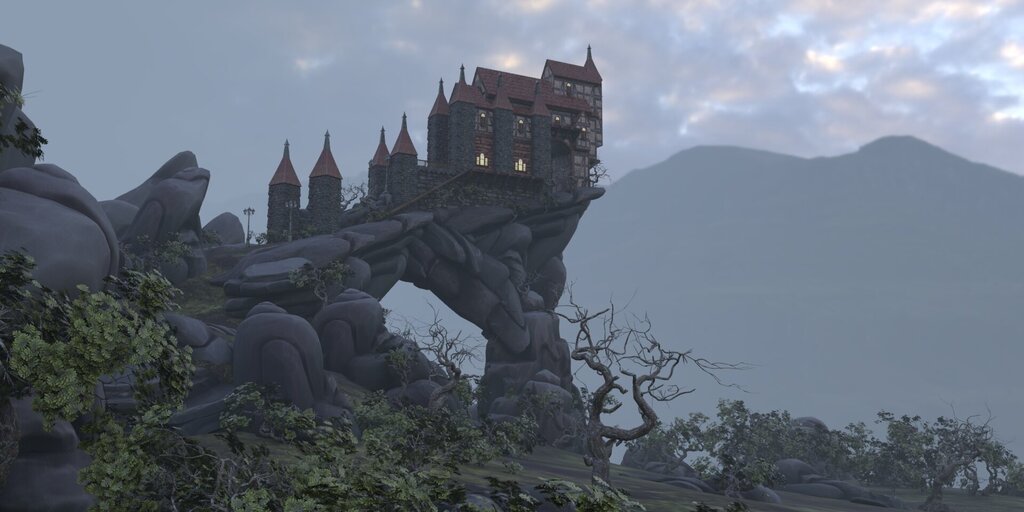 Fantasy castle-like architecture with pointed towers perched on a dramatic stone arch, set in a misty mountain landscape with bare trees and mossy terrain.