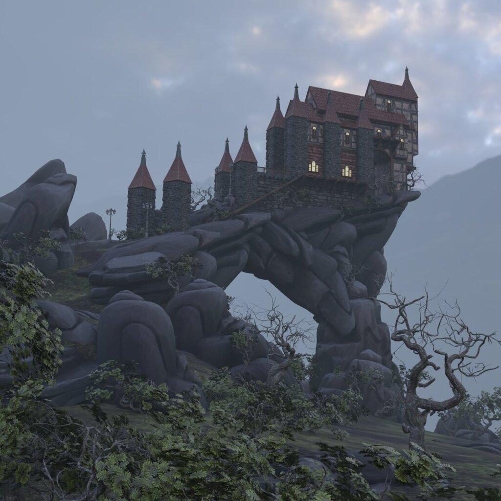 Fantasy castle-like architecture with pointed towers perched on a dramatic stone arch, set in a misty mountain landscape with bare trees and mossy terrain.