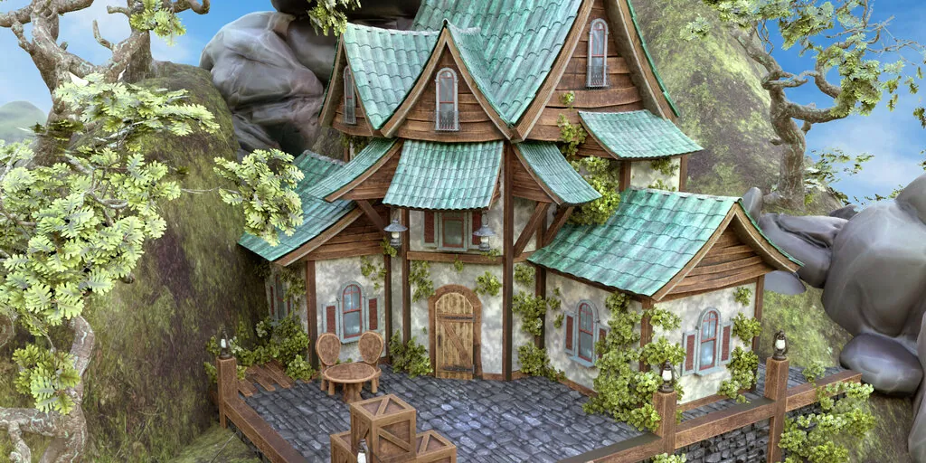 Ein malerisches Fantasyhaus mit geschwungenen grünen Dachziegeln, naturbelassenen Holzelementen und verwittertem Putz, eingebettet in eine felsige Berglandschaft mit moosigen Hängen und knorrigen Bäumen. Auf der kleinen steinernen Terrasse vor dem Haus stehen zwei geschnitzte Holzstühle und ein runder Tisch. Holzkisten stapeln sich in der Ecke, Laternen säumen das Geländer.
