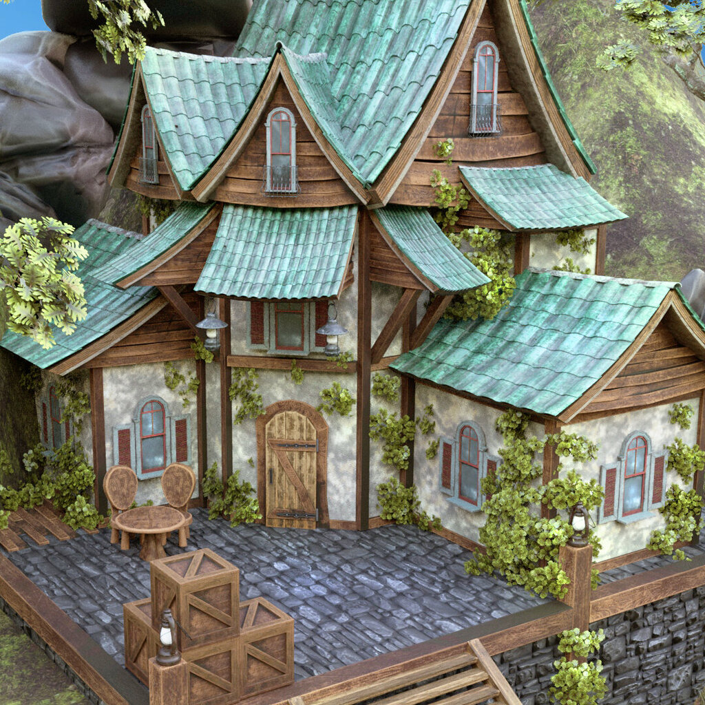 Ein malerisches Fantasyhaus mit geschwungenen grünen Dachziegeln, naturbelassenen Holzelementen und verwittertem Putz, eingebettet in eine felsige Berglandschaft mit moosigen Hängen und knorrigen Bäumen. Auf der kleinen steinernen Terrasse vor dem Haus stehen zwei geschnitzte Holzstühle und ein runder Tisch. Holzkisten stapeln sich in der Ecke, Laternen säumen das Geländer.