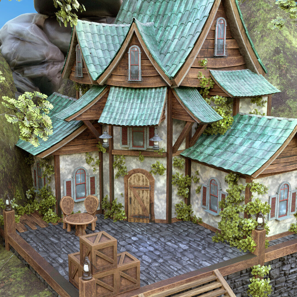 A whimsical, digitally modeled house with red roof tiles, wooden beams, and climbing plants, set in a rocky landscape. The scene is brightly lit in a fairytale-like atmosphere.