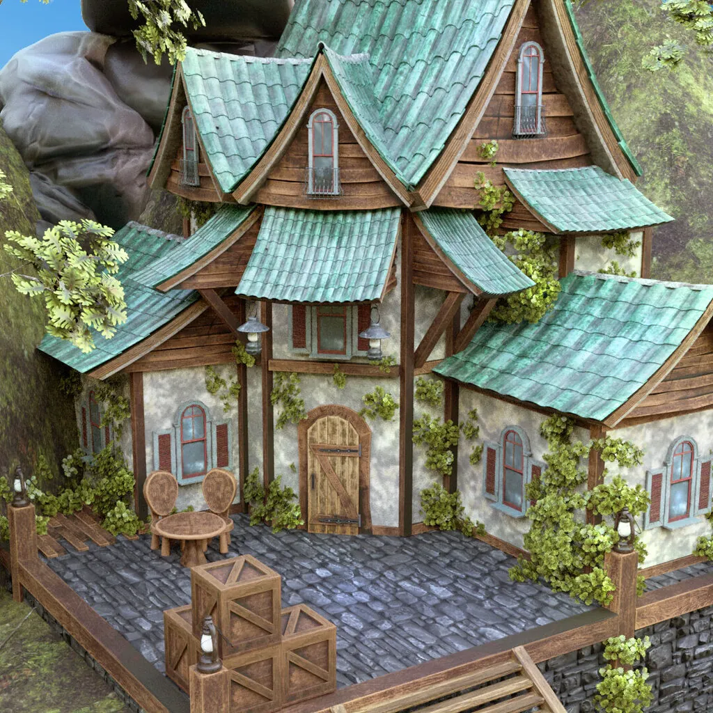 A whimsical, digitally modeled house with red roof tiles, wooden beams, and climbing plants, set in a rocky landscape. The scene is brightly lit in a fairytale-like atmosphere.