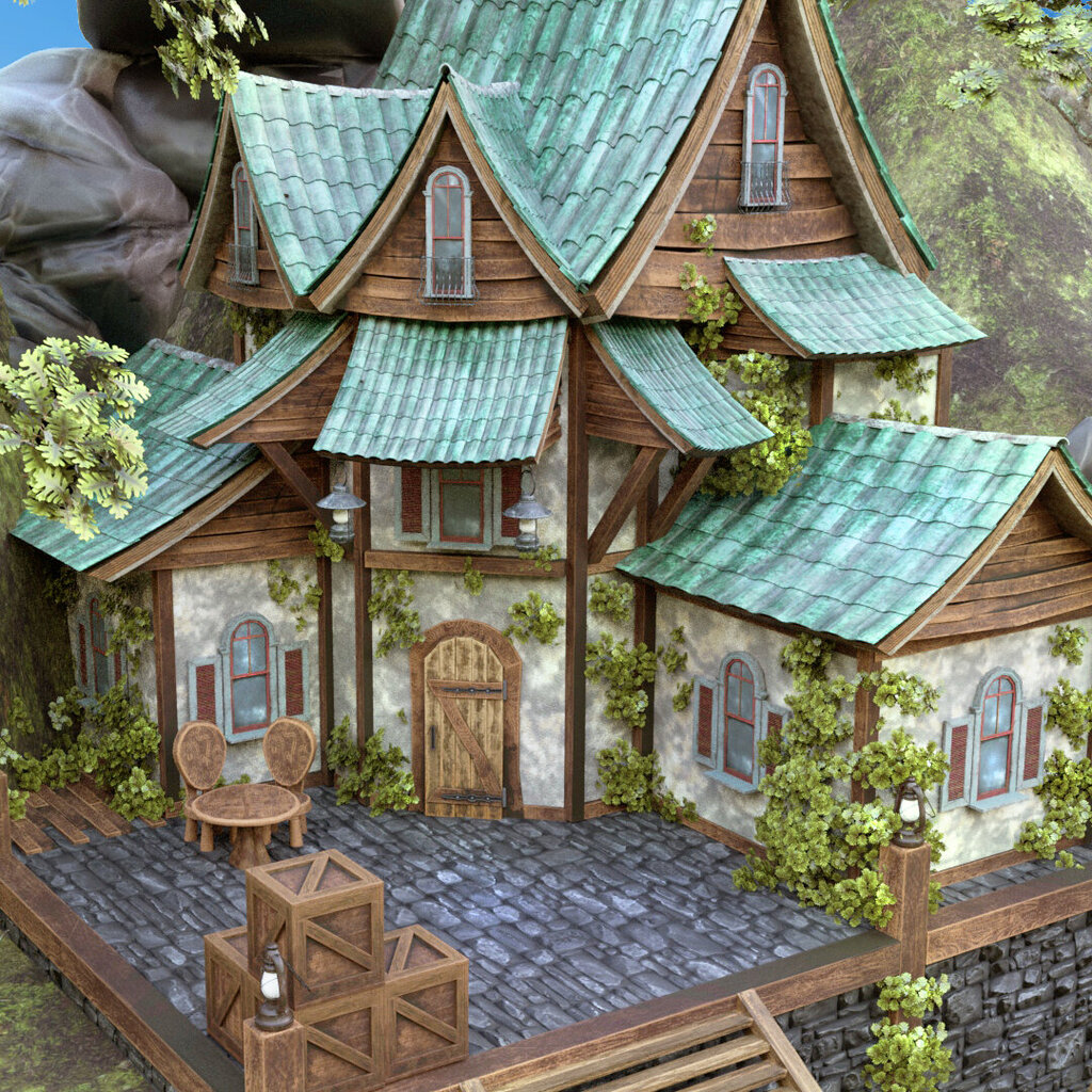 Ein malerisches Fantasyhaus mit geschwungenen grünen Dachziegeln, naturbelassenen Holzelementen und verwittertem Putz, eingebettet in eine felsige Berglandschaft mit moosigen Hängen und knorrigen Bäumen. Auf der kleinen steinernen Terrasse vor dem Haus stehen zwei geschnitzte Holzstühle und ein runder Tisch. Holzkisten stapeln sich in der Ecke, Laternen säumen das Geländer.