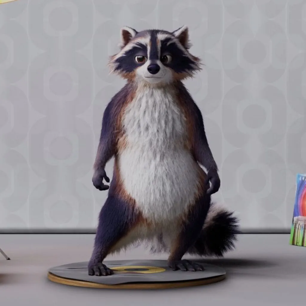 3D character of an upright-standing raccoon from Emma Beck's demo reel.