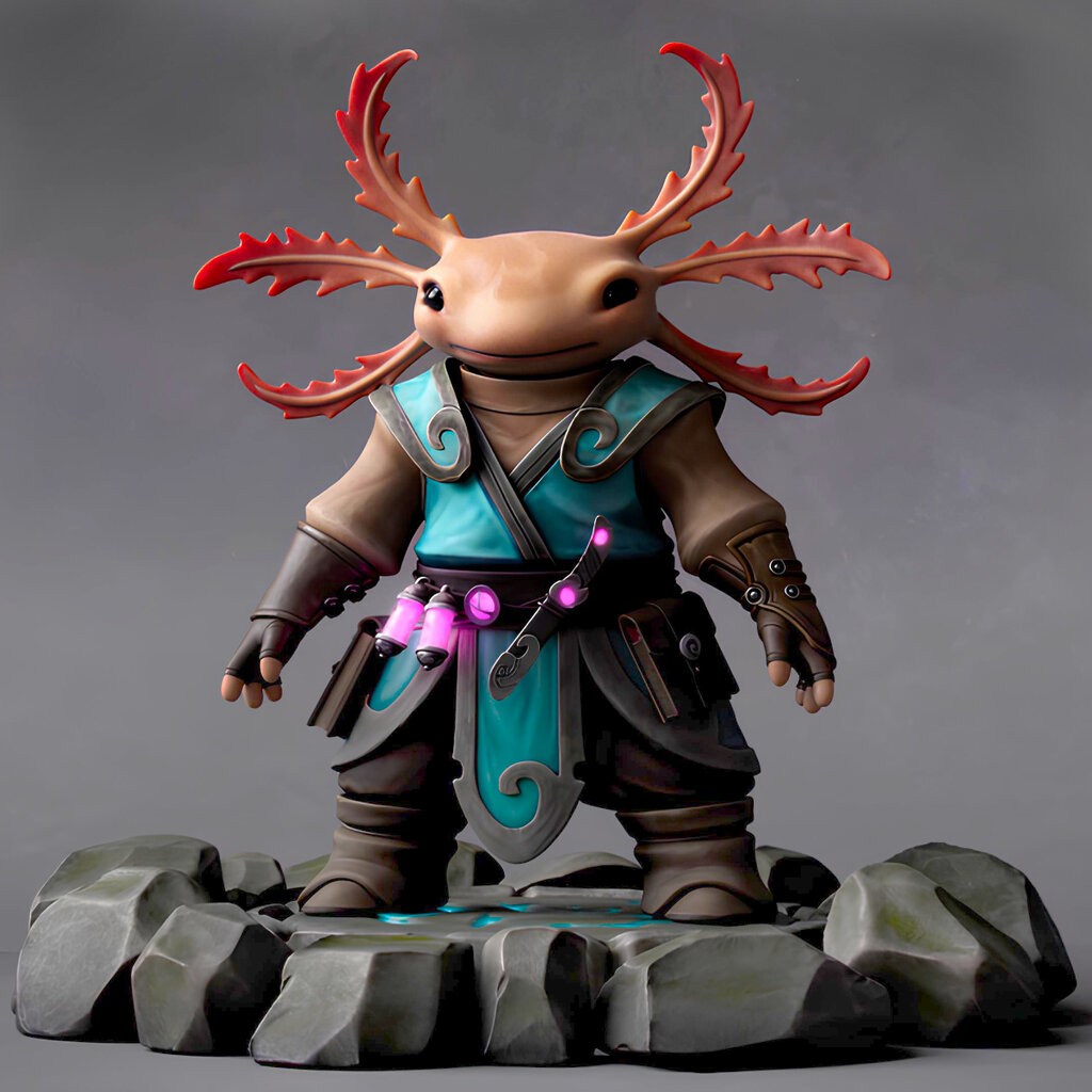 A stylized axolotl character dressed as an adventurer with glowing potions, standing on a stone pedestal.