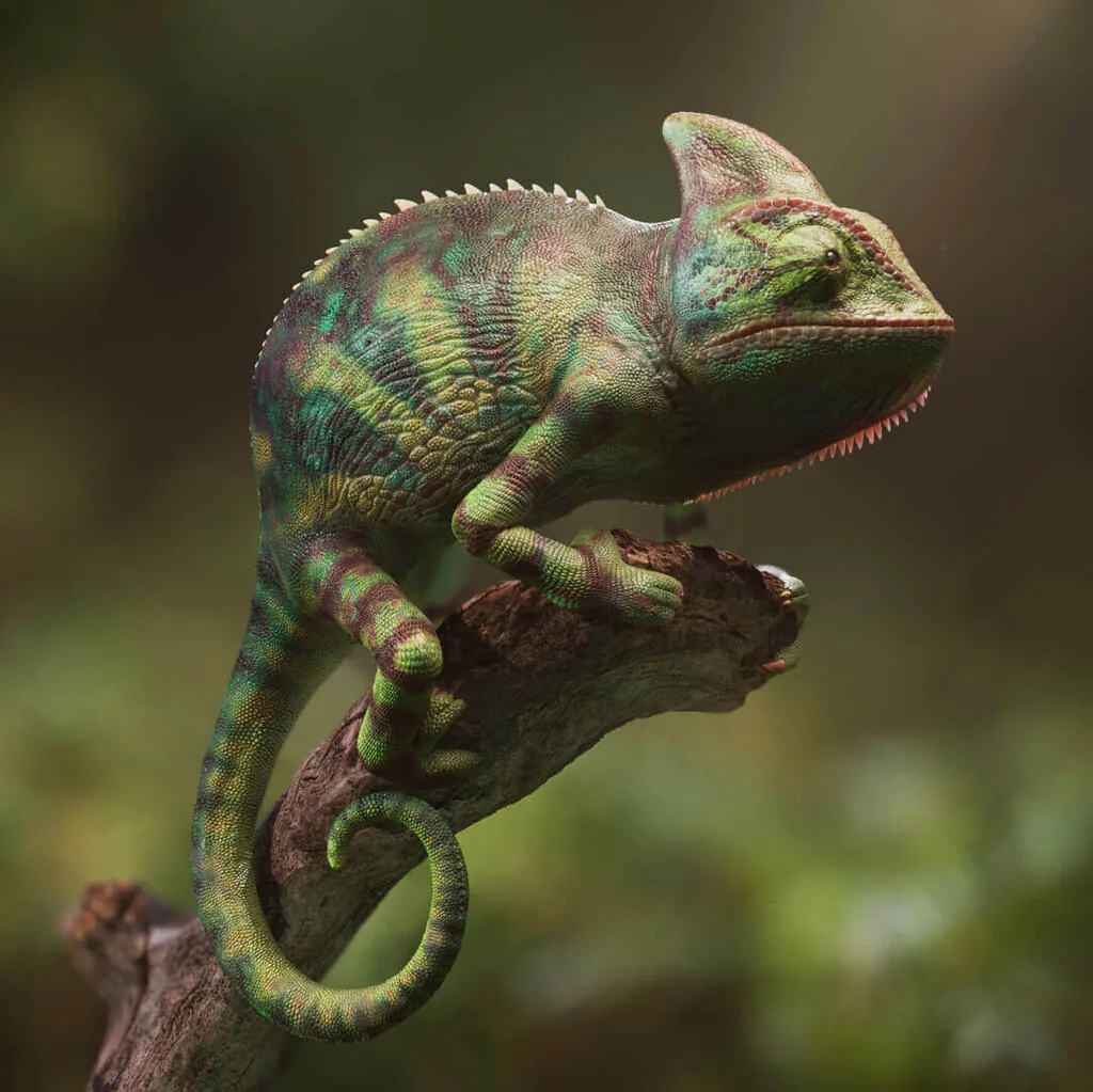Fotorealistisches 3D-Rendering eines Chamäleons, das auf einem Ast vor unscharfem grünem Hintergrund sitzt.