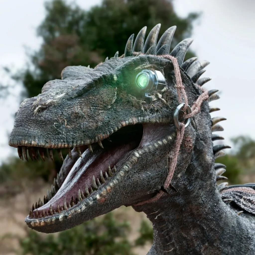 3D-Visualisierung eines detailreich modellierten Dinosauriers mit cyberpunk-artigem Kameraaufsatz.