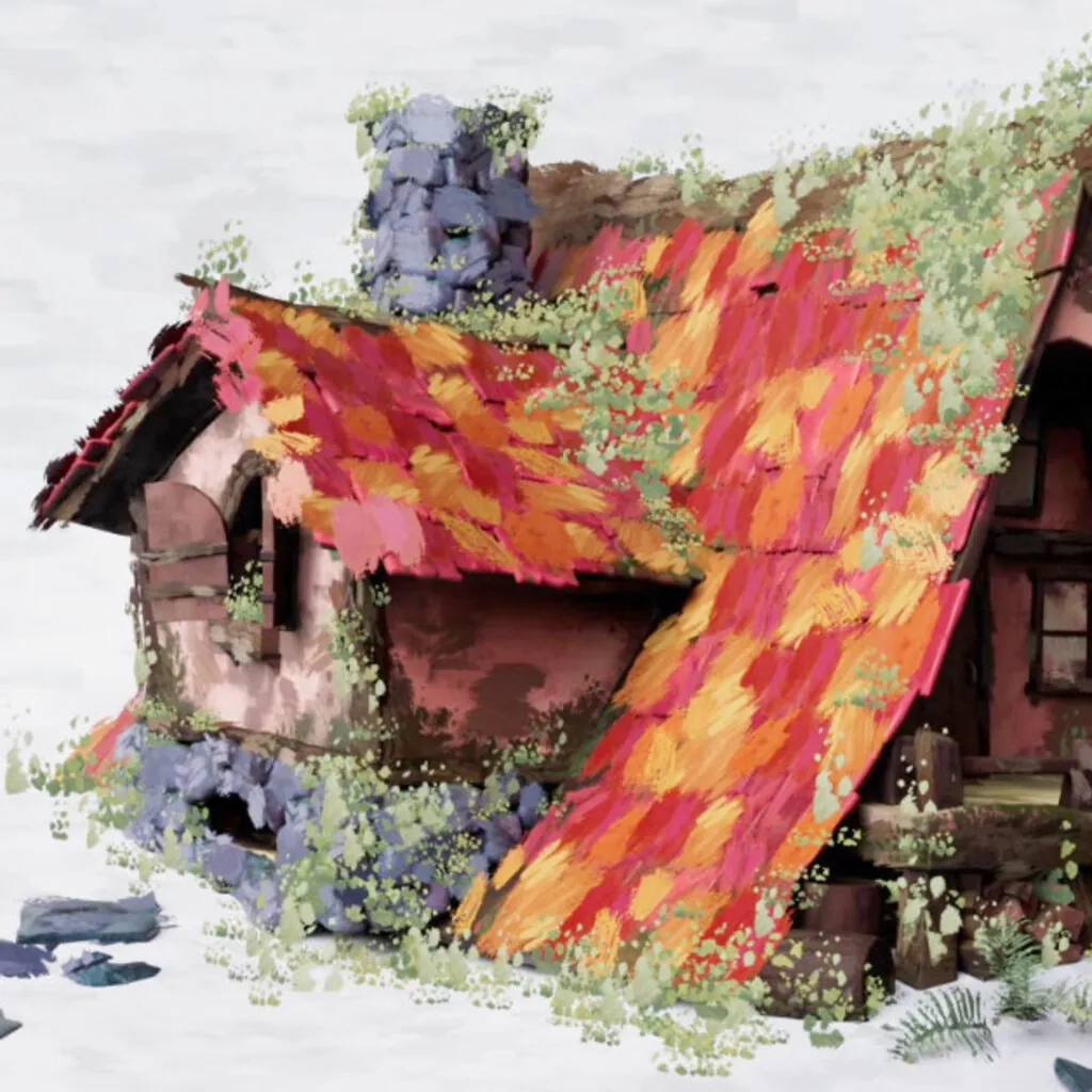 Stylized 3D model of a weathered cottage with a colorful, painterly textured roof.