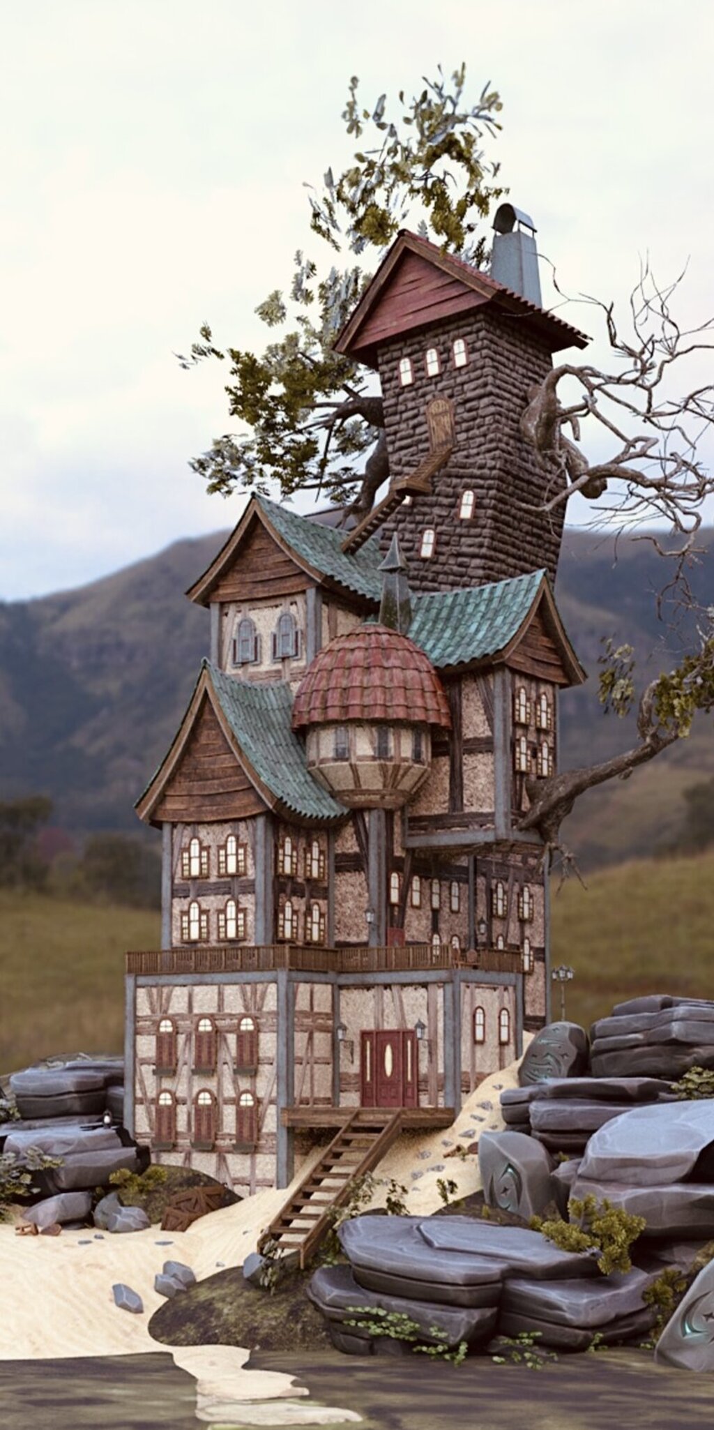 Ein fantasievolles, detailreiches 3D-Haus mit Türmchen, Erker und grünem Ziegeldach steht inmitten einer hügeligen Landschaft. Der Gebäudekomplex ist aus Stein und Holz gebaut und von mystischen Felsen mit eingravierten Symbolen umgeben.