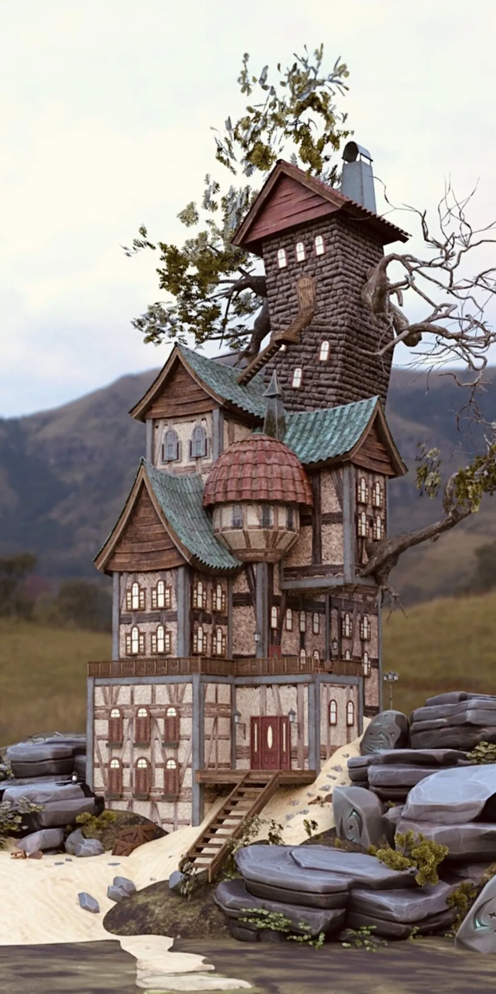 Ein fantasievolles, detailreiches 3D-Haus mit Türmchen, Erker und grünem Ziegeldach steht inmitten einer hügeligen Landschaft. Der Gebäudekomplex ist aus Stein und Holz gebaut und von mystischen Felsen mit eingravierten Symbolen umgeben.