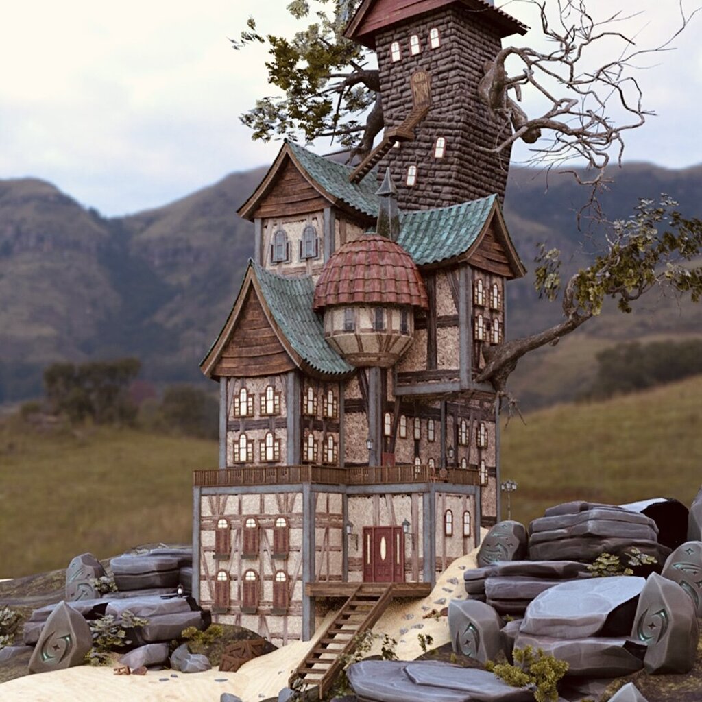 Ein fantasievolles, detailreiches 3D-Haus mit Türmchen, Erker und grünem Ziegeldach steht inmitten einer hügeligen Landschaft. Der Gebäudekomplex ist aus Stein und Holz gebaut und von mystischen Felsen mit eingravierten Symbolen umgeben.