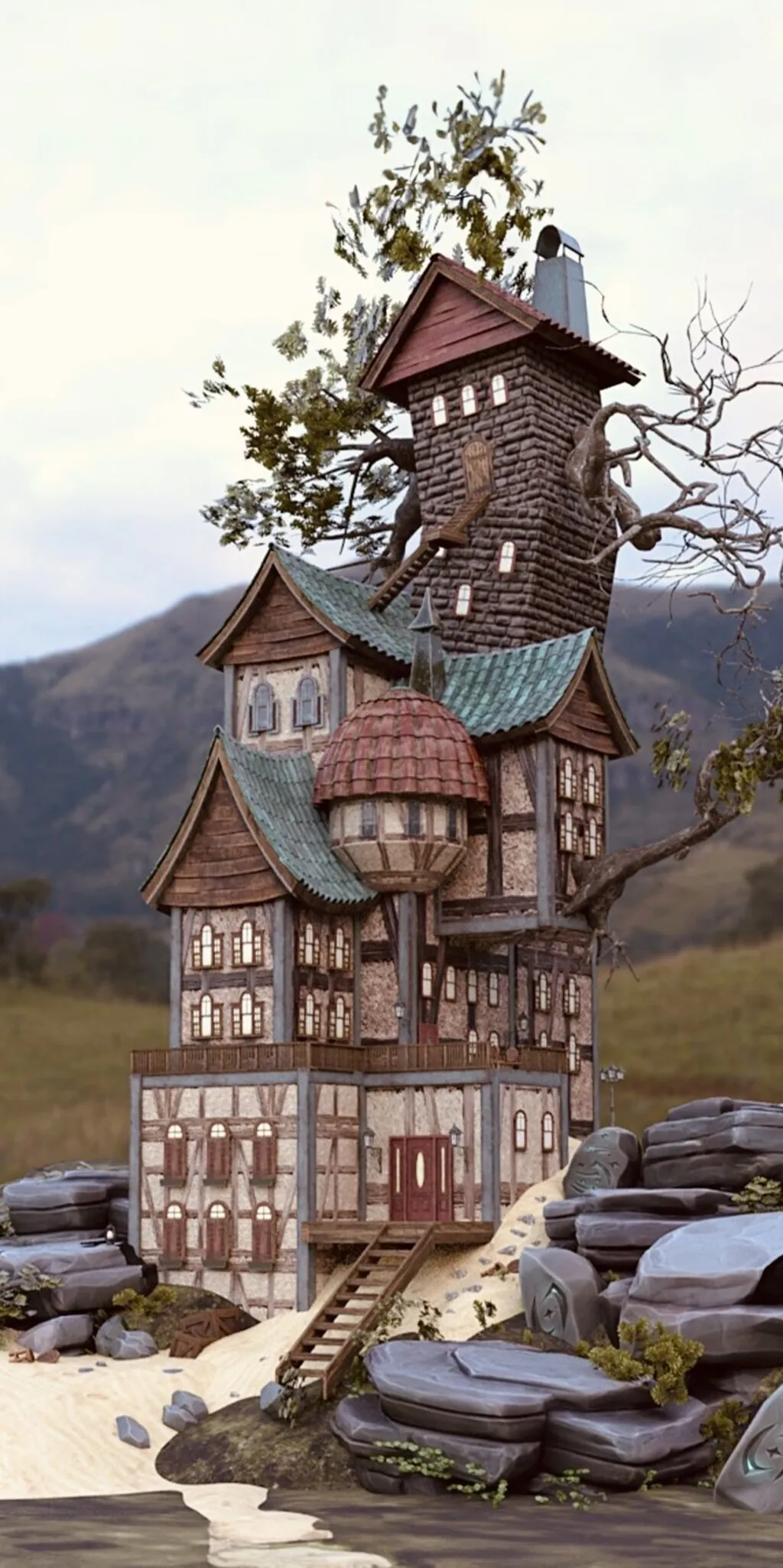 A whimsical and detailed 3D house with towers, a bay window, and a green tiled roof stands in a hilly landscape. The building is made of stone and wood and is surrounded by mystical rocks engraved with symbols.