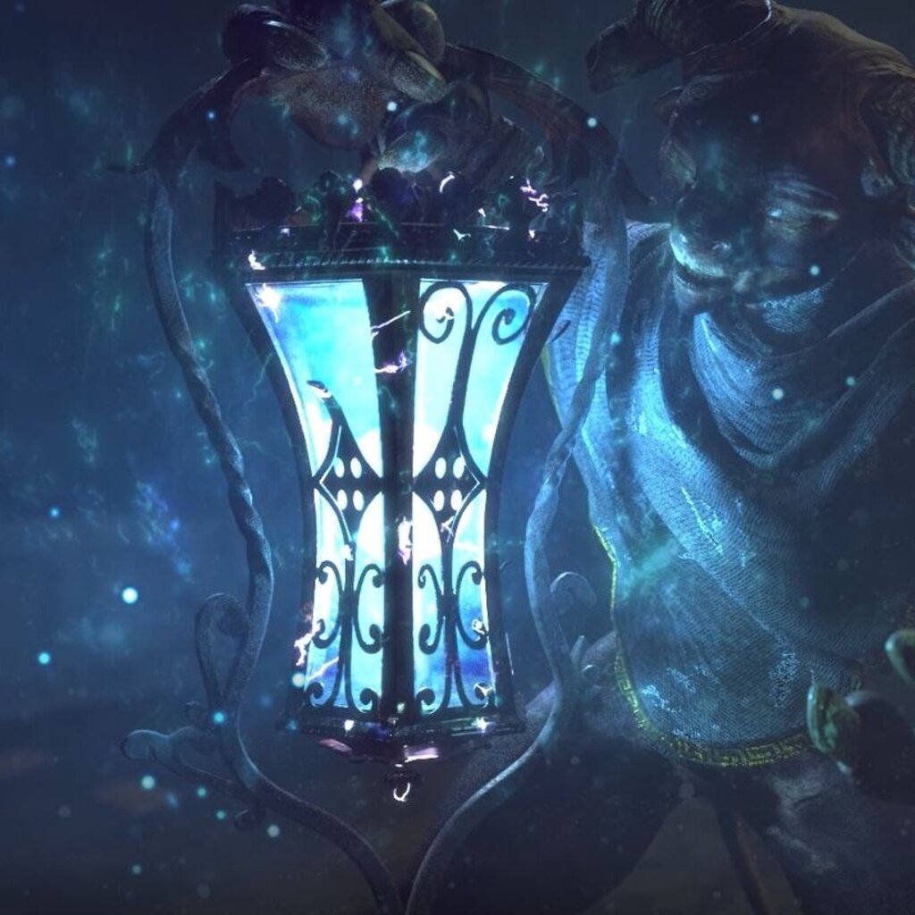 Mystical 3D scene featuring a horned fantasy creature holding a magically glowing lantern.