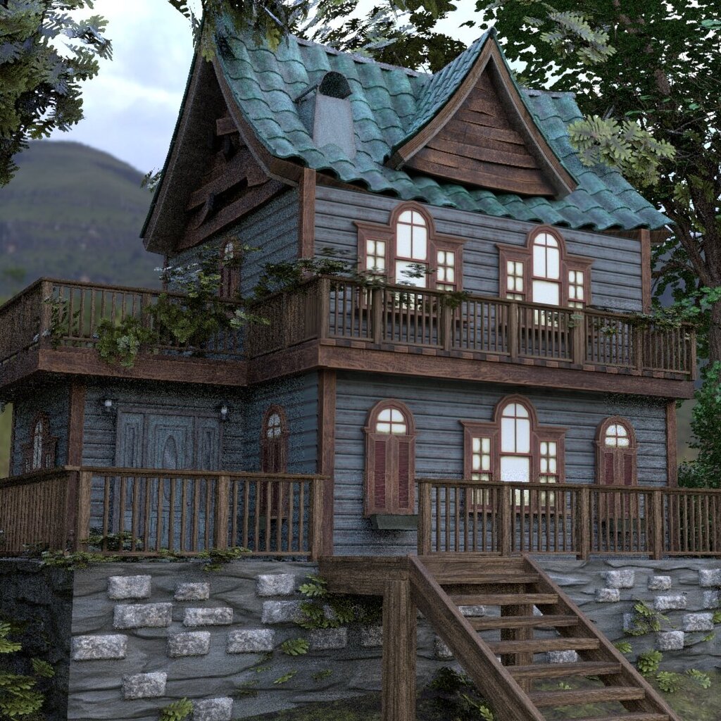 Ein zweistöckiges 3D-Holzhaus mit grünem Ziegeldach und symmetrischer Fensteranordnung, das auf einem steinernen Fundament steht. Das Haus verfügt über zwei große Holzterrassen und ist von üppigem Grün, Bäumen und Felsen in einer natürlichen Berglandschaft umgeben.