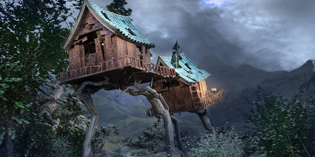 A whimsical wooden house with green roof tiles stands atop two enormous, tree-like legs, lifting it into the air—resembling a magical living creature. The scene is set in a dense, dark forest under a stormy, dramatic sky. The overall mood is mystical and slightly eerie, as if the house itself has come alive.