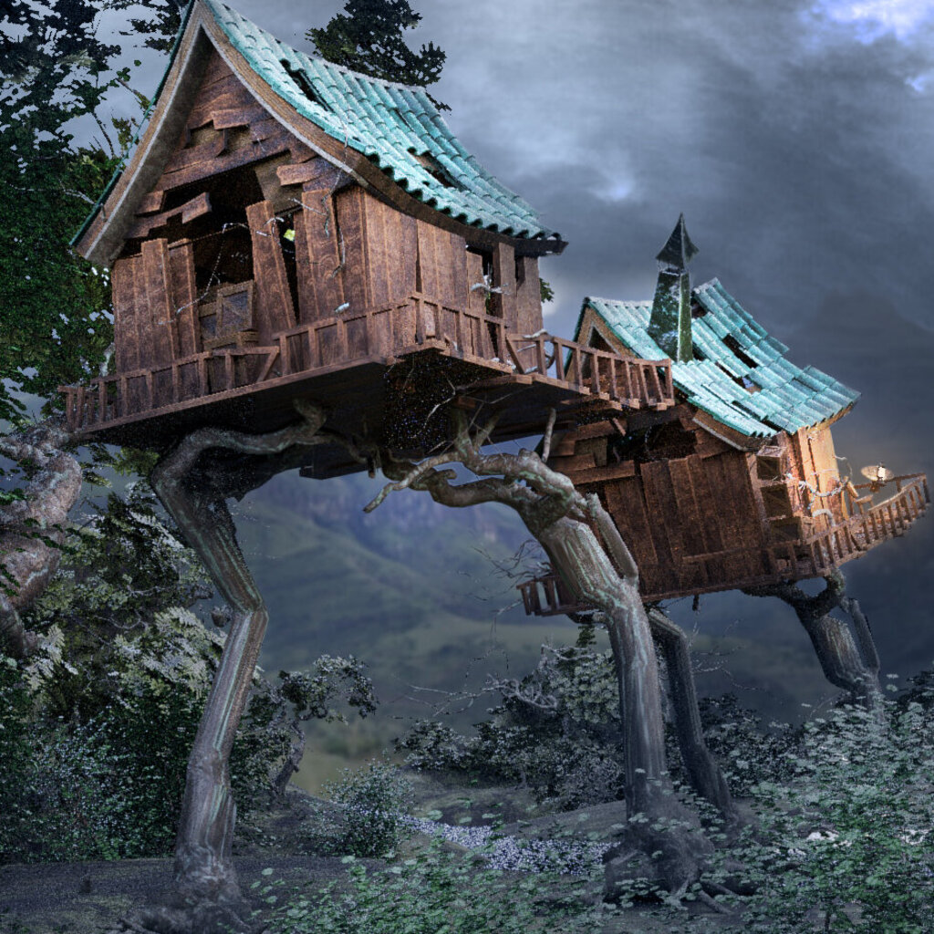 Ein phantasievolles Holzhaus mit grünen Dachschindeln steht auf zwei gigantischen, baumartigen Beinen, die es in die Höhe heben - wie ein märchenhaftes Lebewesen. Die Szene spielt in einem dichten, dunklen Wald mit dramatischem Himmel voller Gewitterwolken. Die Atmosphäre wirkt mystisch und unheimlich zugleich, als wäre das Haus zum Leben erwacht.