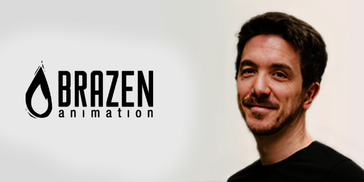 Portrait of Tom Pinon with Brazen Animation logo.